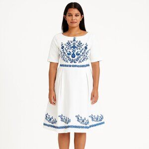 eShakti White and Blue Embroidered Midi Dress